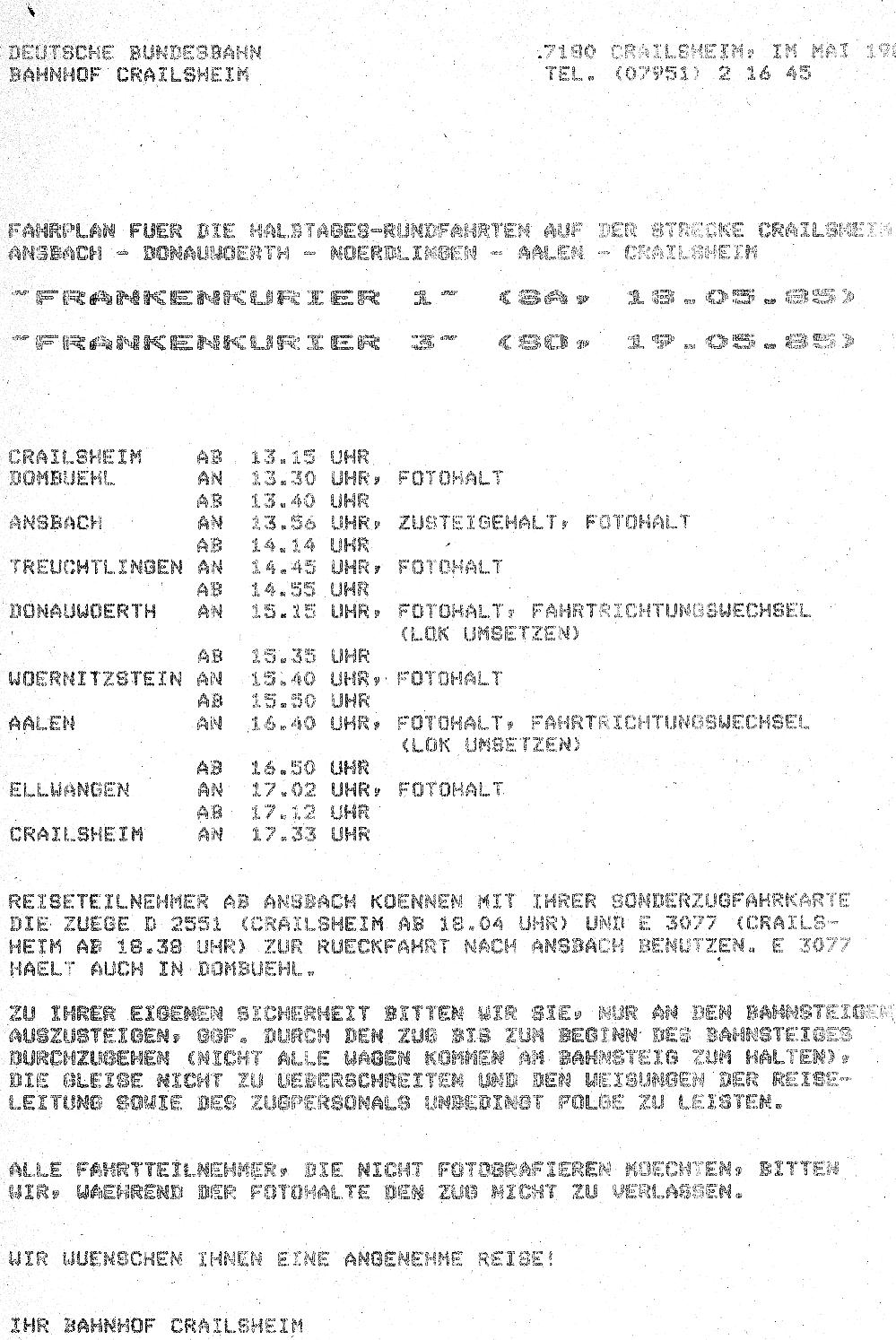 Fahrplan "Frankenkurier" Mai 1985