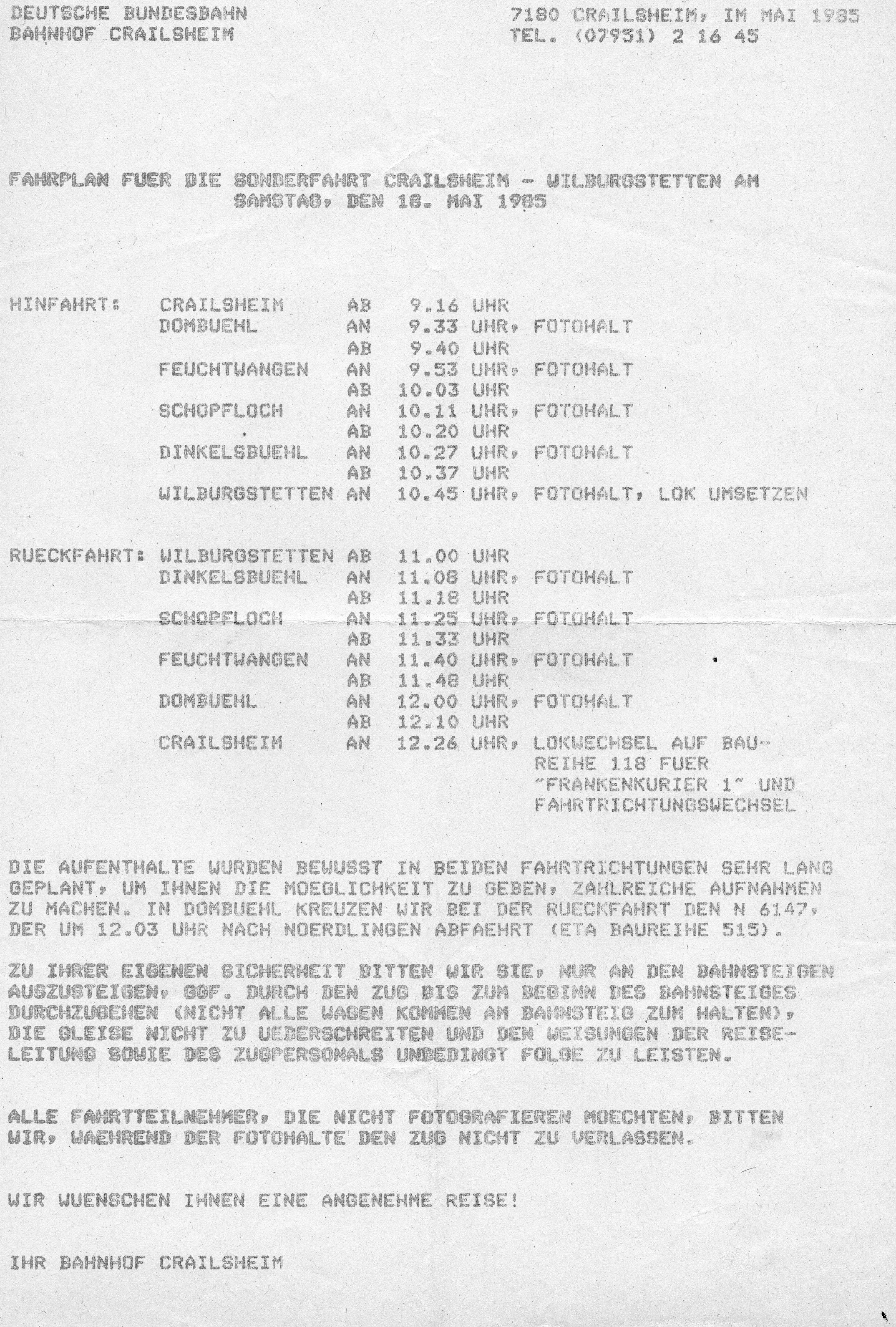 Fahrplan Sonderzug 18.5.1985