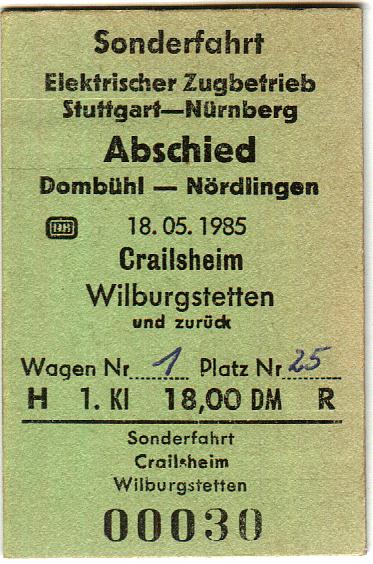 Fahrkarte Sonderzug 18.5.1985